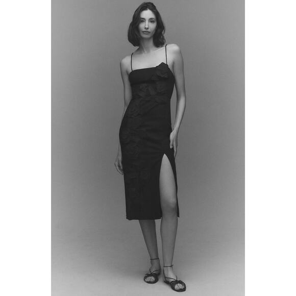 BHLDN Sleeveless Black 3D Floral Side Slit Column Midi Dress Size Small - Picture 2 of 8